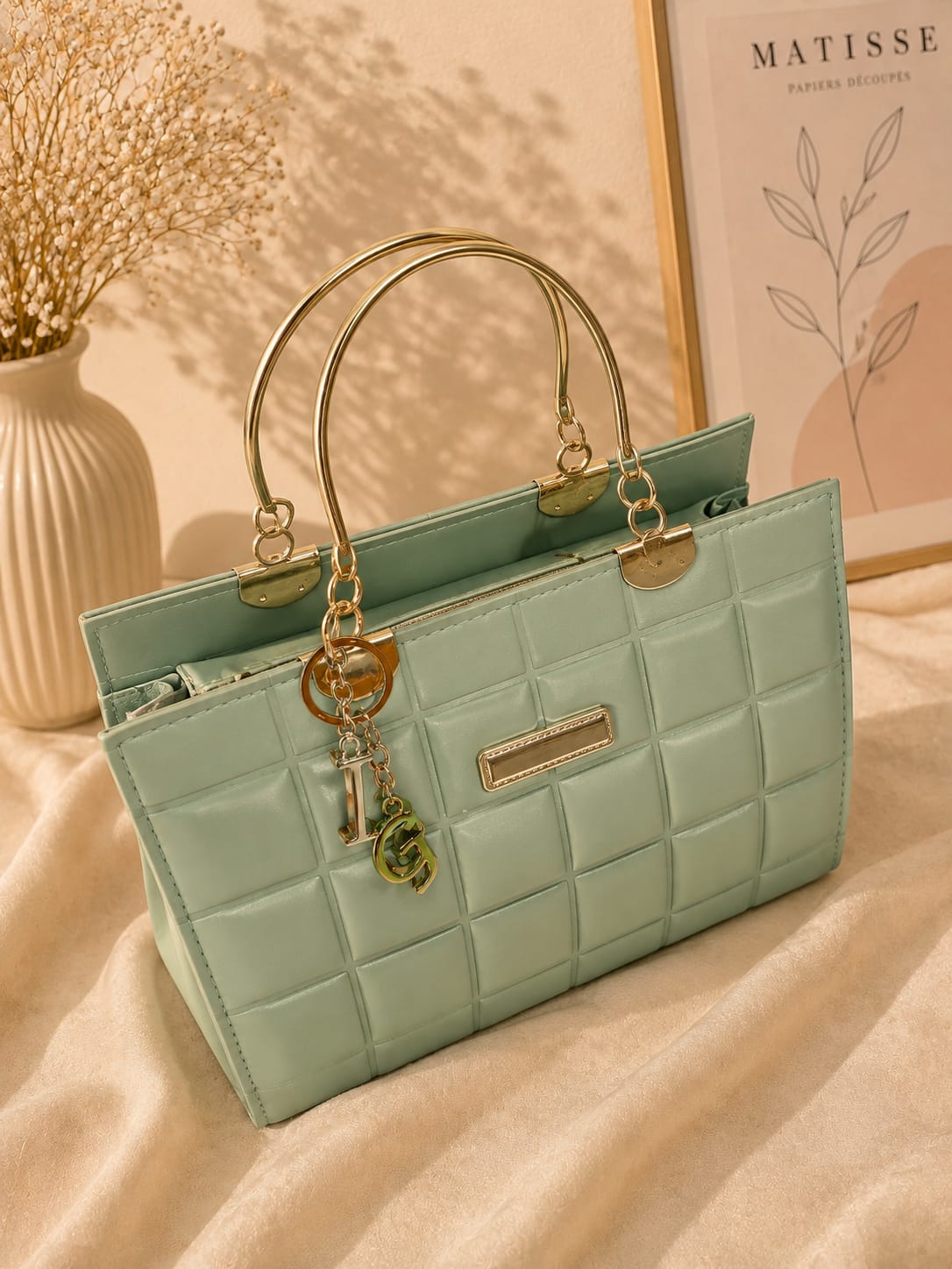 Her Carry Quilted Metal Handle Handbag - Mint Green