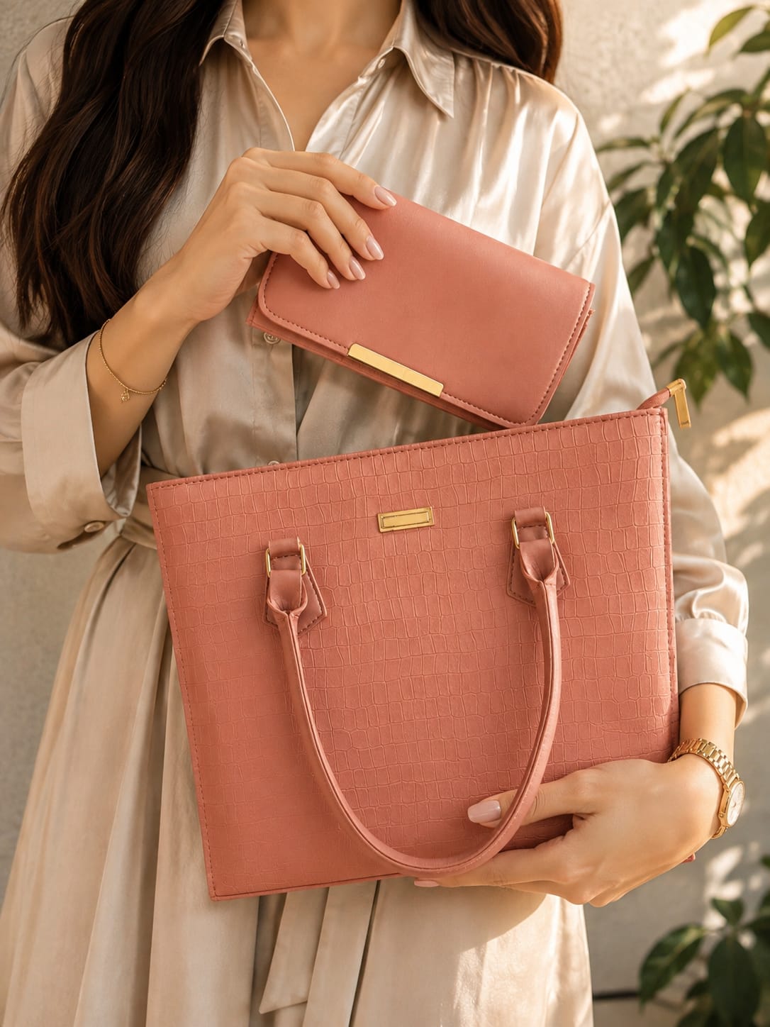 Her Carry Croc Tote Bag with Matching Wallet - Peach Pink