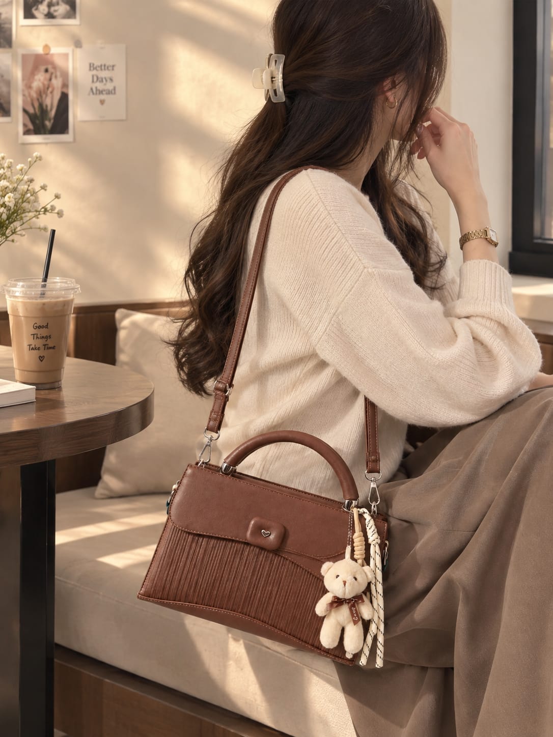 Her Carry Brown Teddy Charm Premium Handbag