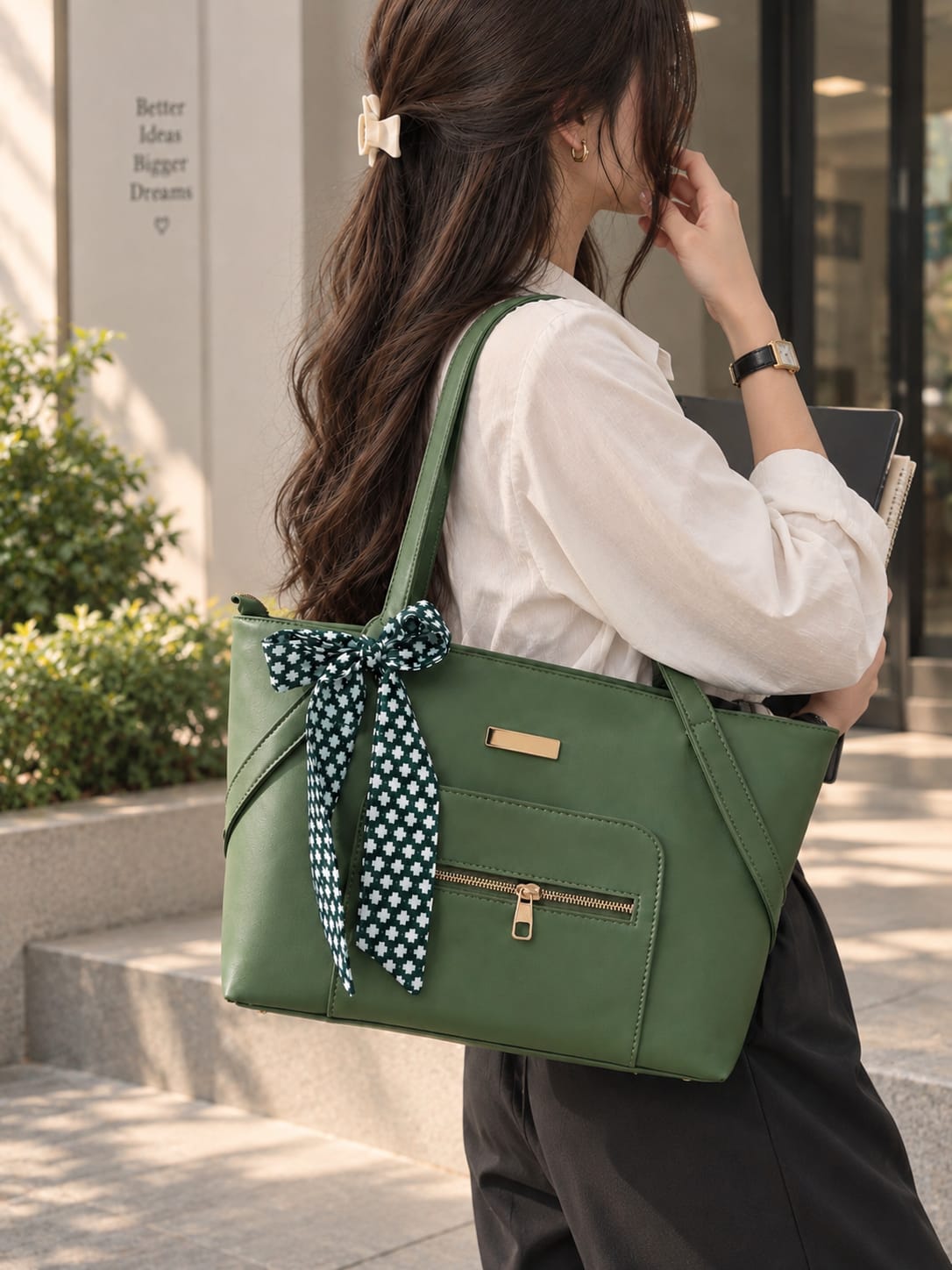 Her Carry Tally Olive Green Tote Bag With Ribbon