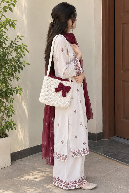 Cherry Bow - Cream & Burgundy Handmade Crochet Tote Bag
