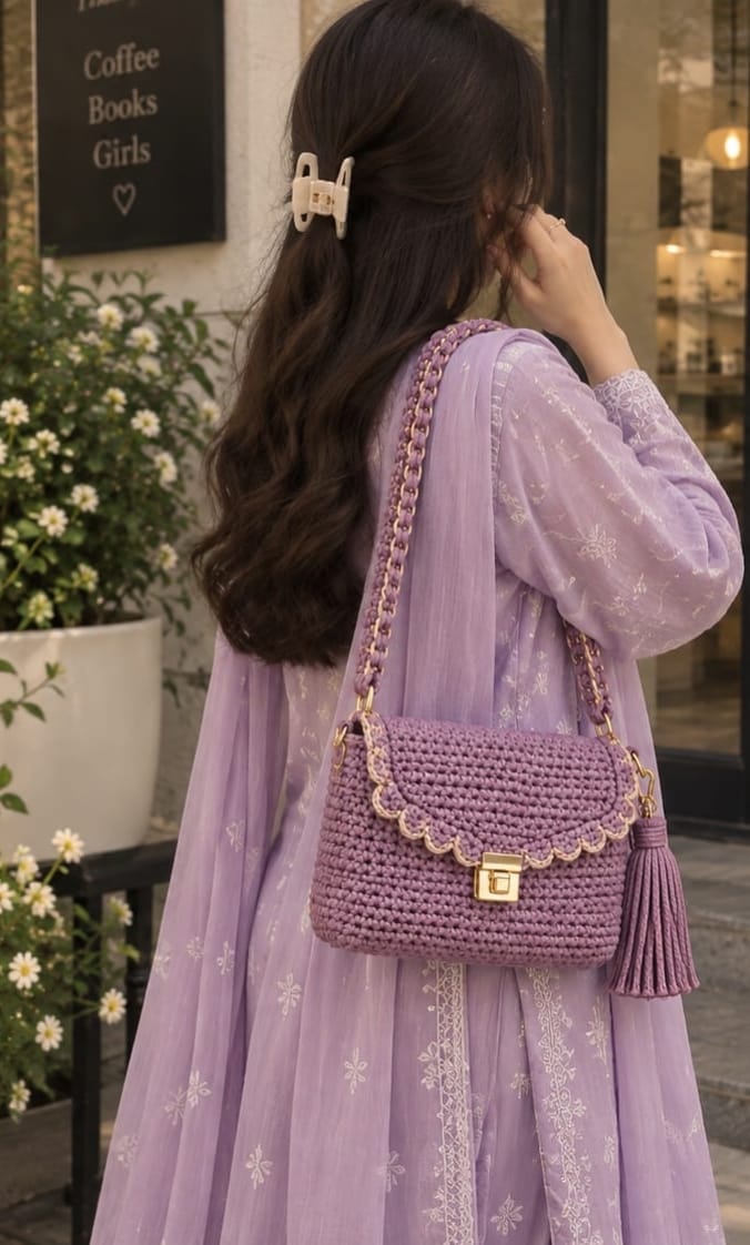Lilac Luxe - Handmade Crochet Shoulder Bag with Tassel