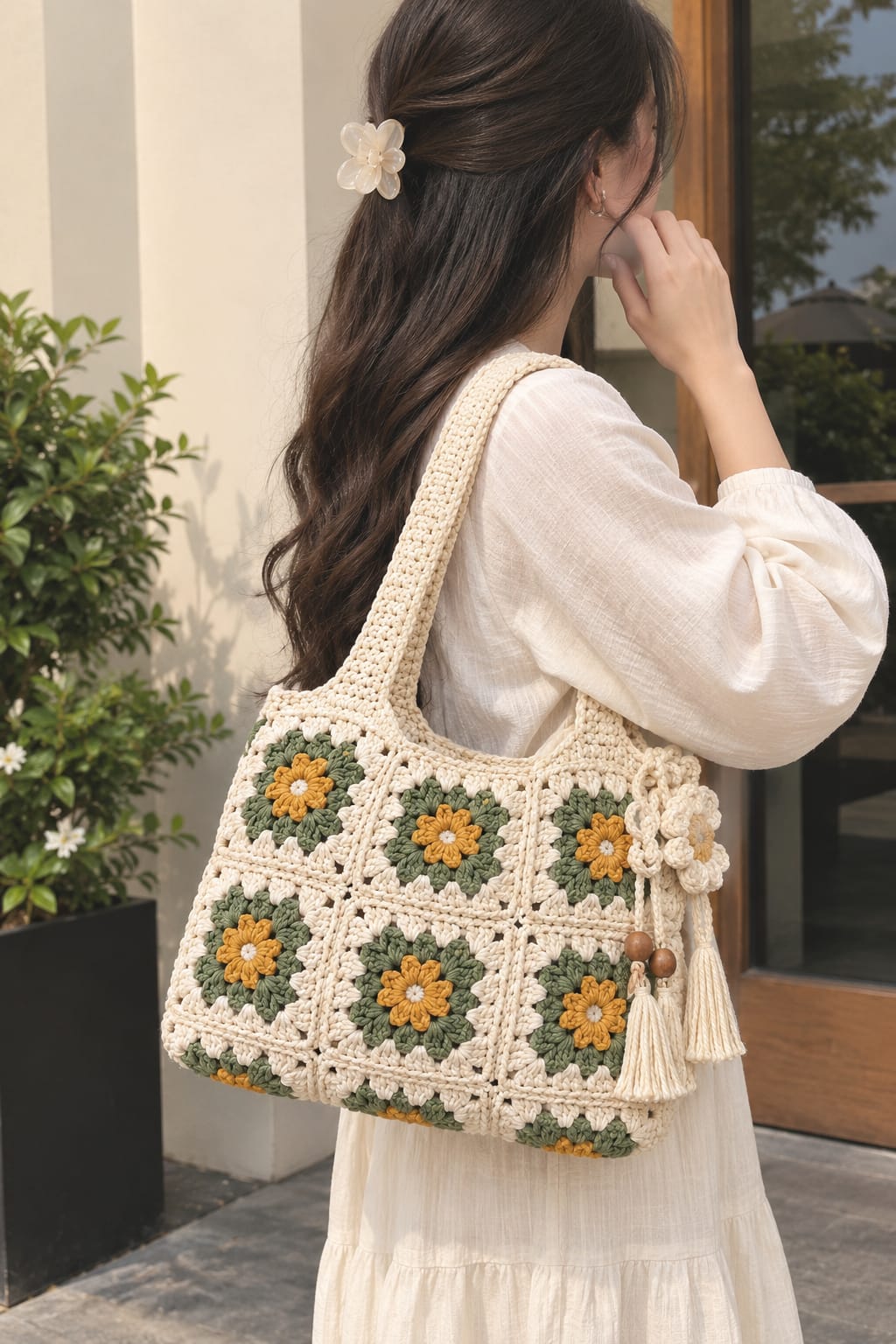 Sunflower Bloom - Handmade Granny Square Crochet Tote Bag
