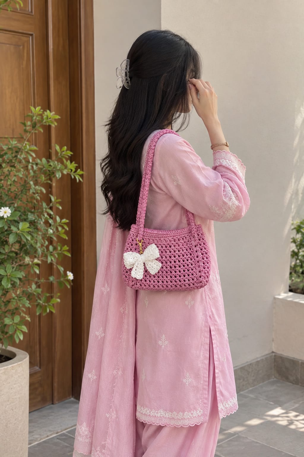Her Carry - Pink Bow Handmade Crochet Shoulder Bag