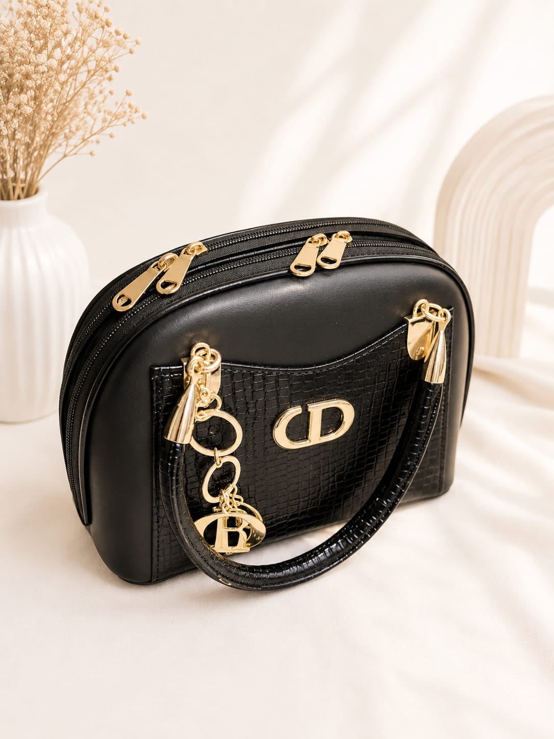 CD Charm Dome Shoulder Bag - Black & Cream