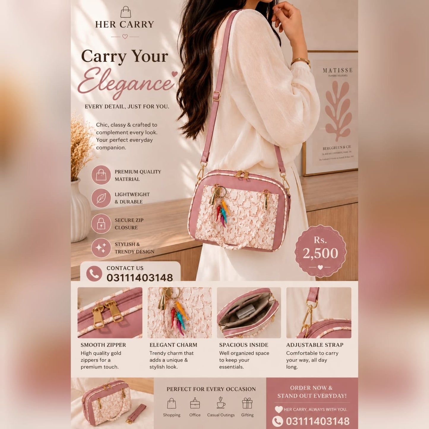 Elegant Pink & Silver  Charm Bag