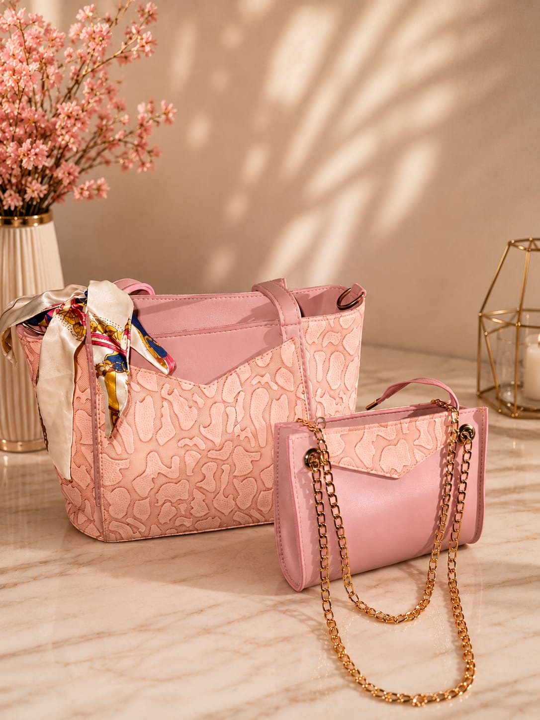 Her Carry Embossed 2-Piece Bag Set - Pink