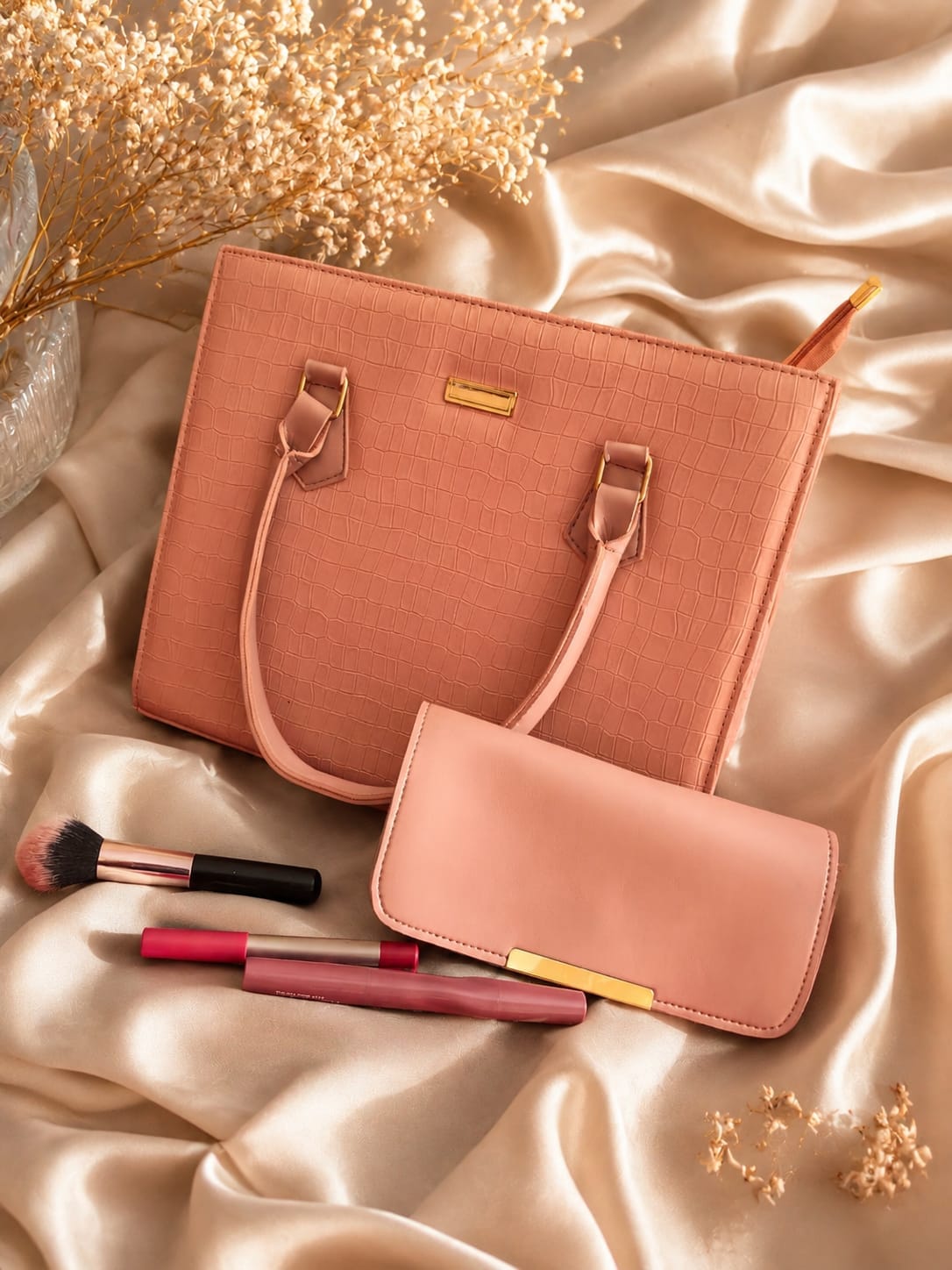 Her Carry Croc Tote Bag with Matching Wallet - Peach Pink