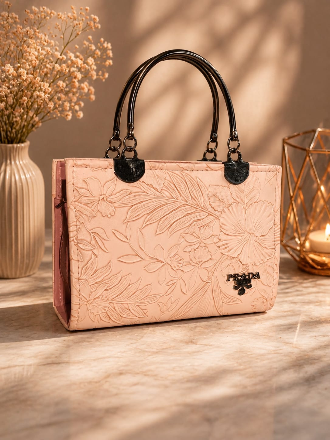 Her Carry Elegant Floral Embossed Tote Bag - Peach Pink