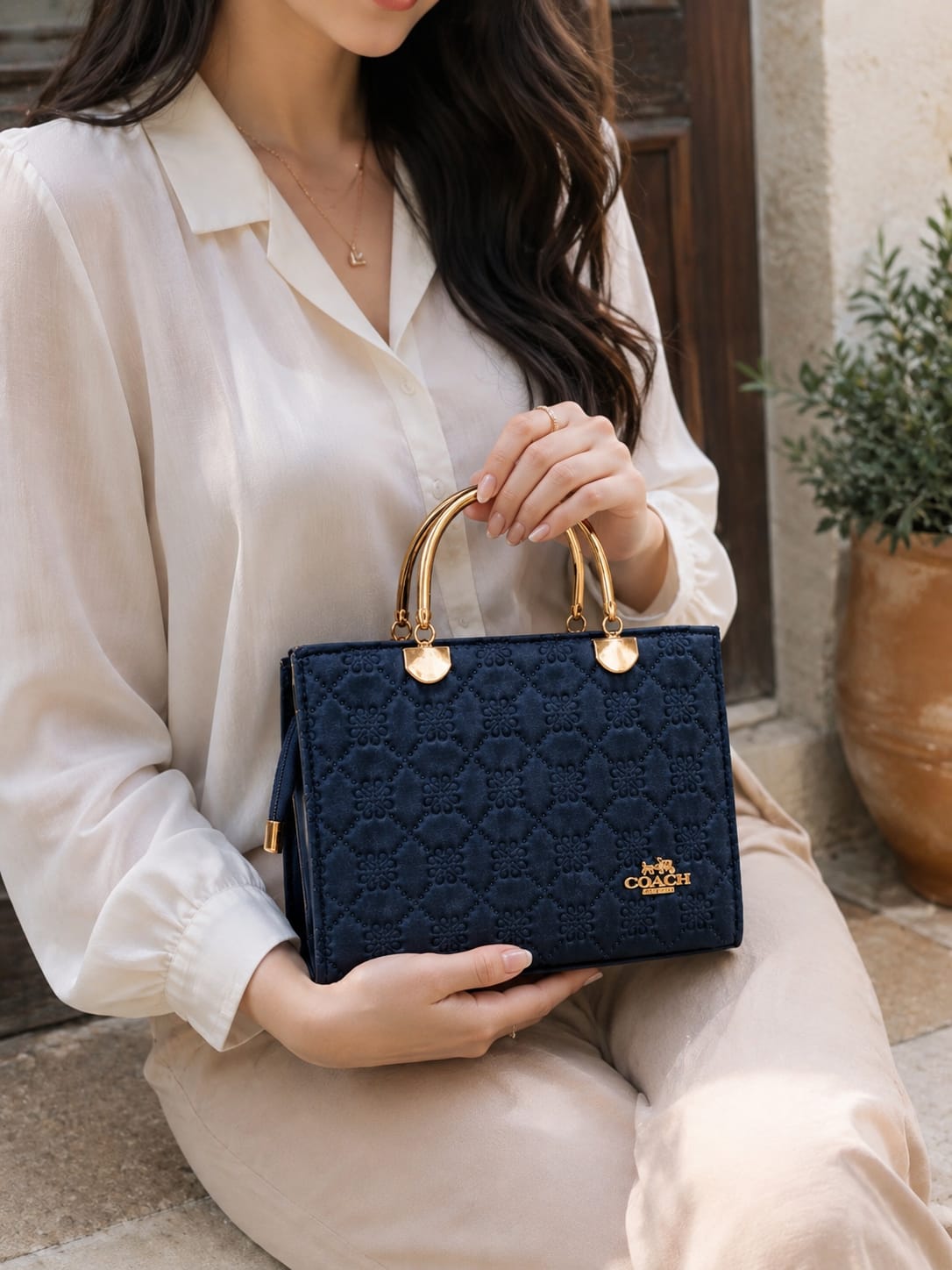 Her Carry Elegant Quilted Tote Bag -Navy Blue