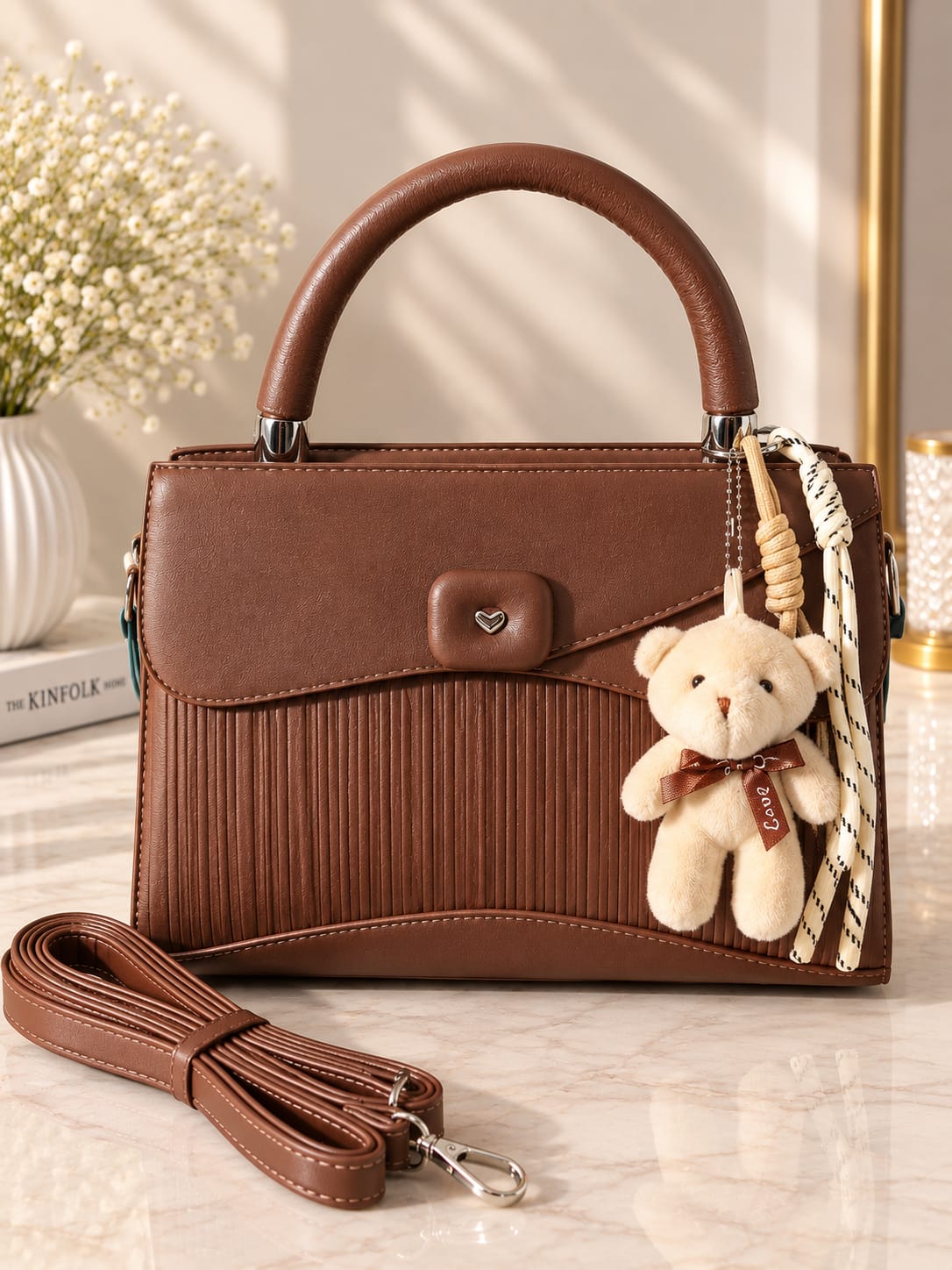 Her Carry Brown Teddy Charm Premium Handbag