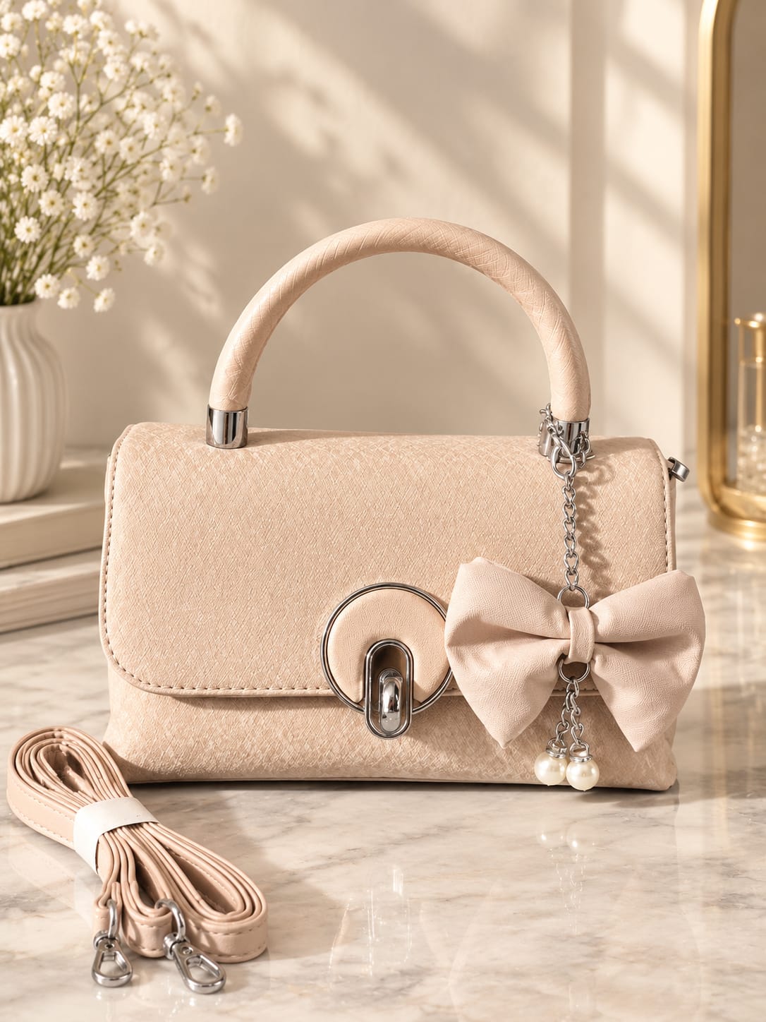 Her Carry Bow Pearl Charm Top Handle Bag - 2 Colors