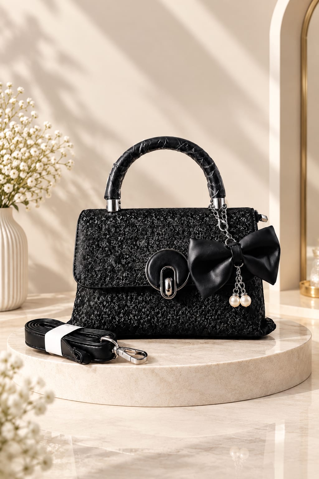 Her Carry Bow Pearl Charm Top Handle Bag - 2 Colors