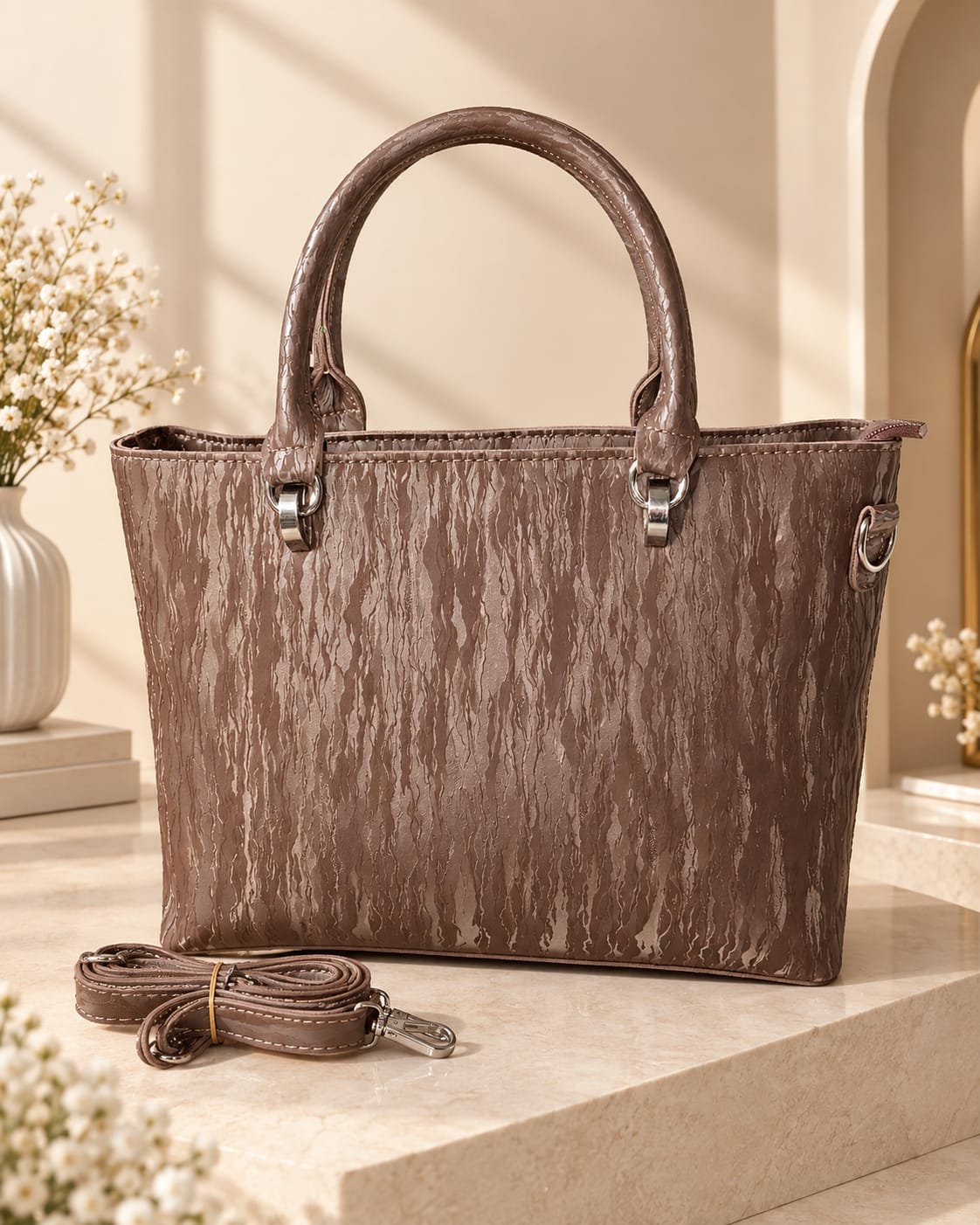 Her Carry Crinkle Textured Office Tote Bag - Brown