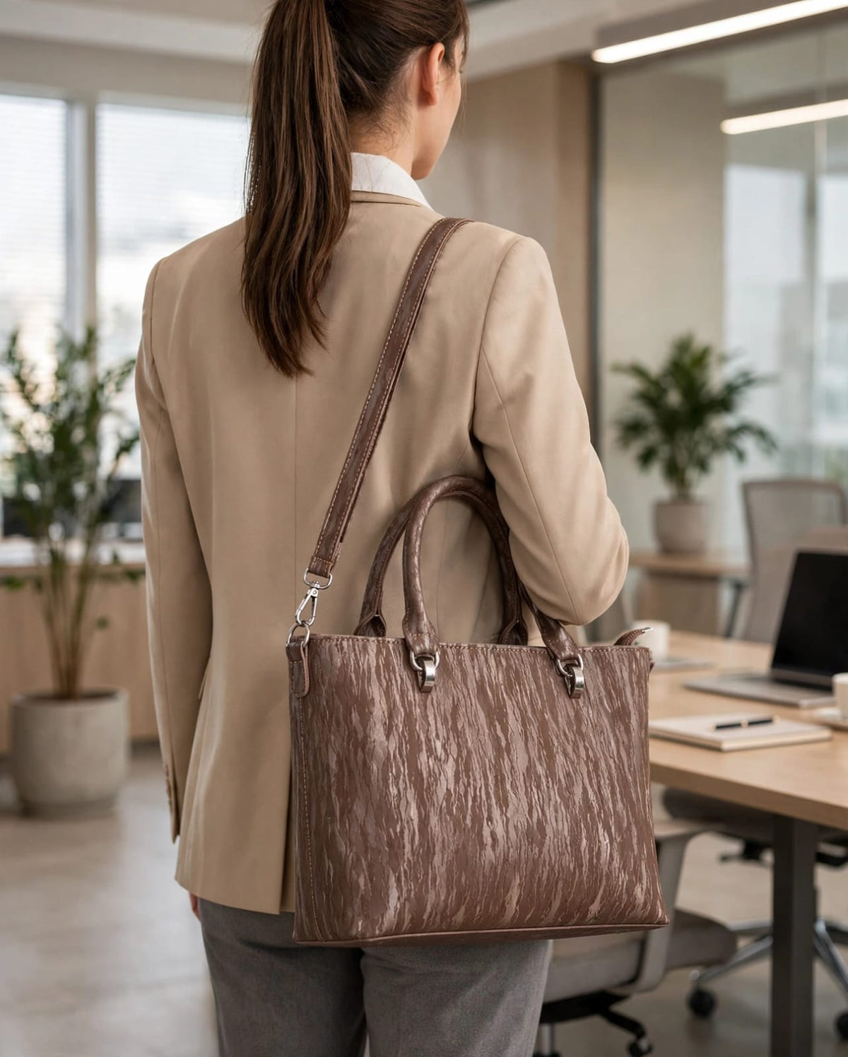 Her Carry Crinkle Textured Office Tote Bag - Brown