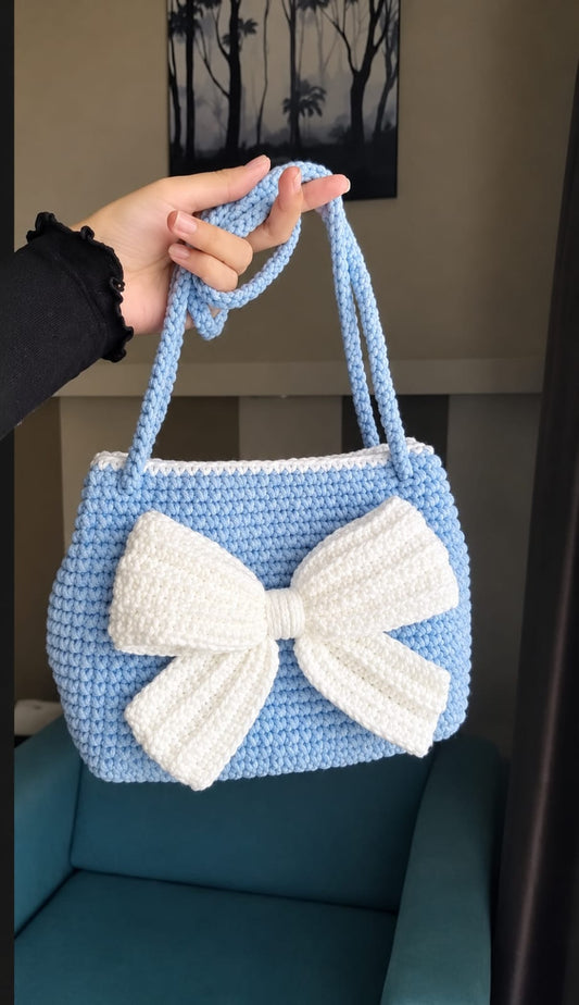 Sky Bow - Baby Blue & White Handmade Crochet Tote Bag