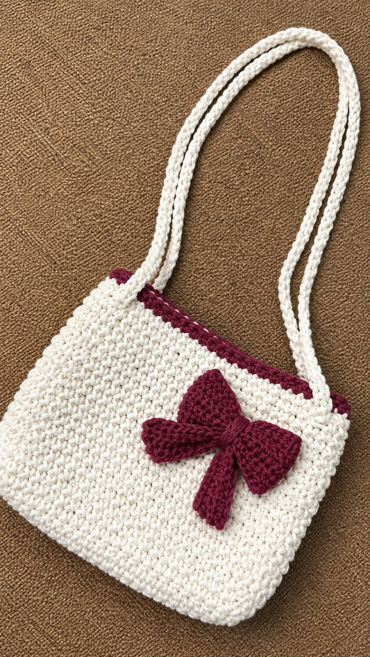 Cherry Bow - Cream & Burgundy Handmade Crochet Tote Bag