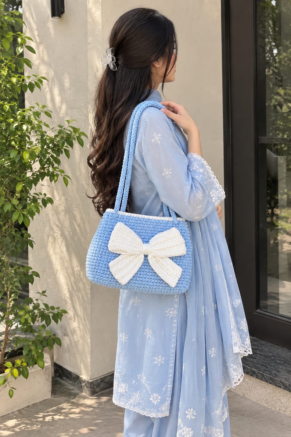 Sky Bow - Baby Blue & White Handmade Crochet Tote Bag