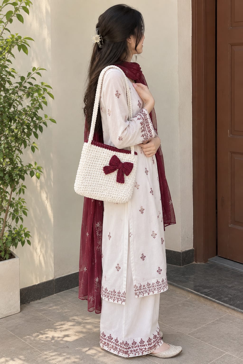 Cherry Bow - Cream & Burgundy Handmade Crochet Tote Bag