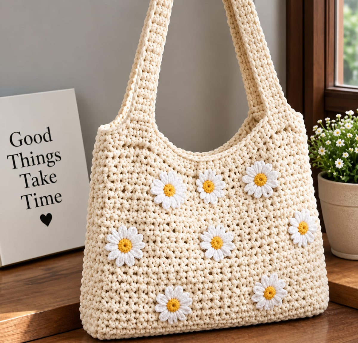 Daisy Bloom - Beige Floral Handmade Crochet Tote Bag