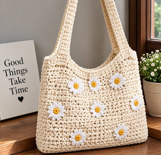Daisy Bloom - Beige Floral Handmade Crochet Tote Bag