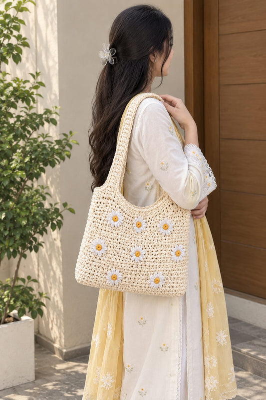 Daisy Bloom - Beige Floral Handmade Crochet Tote Bag