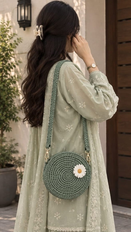Daisy Dream - Sage Green Handmade Crochet Round Sling Bag