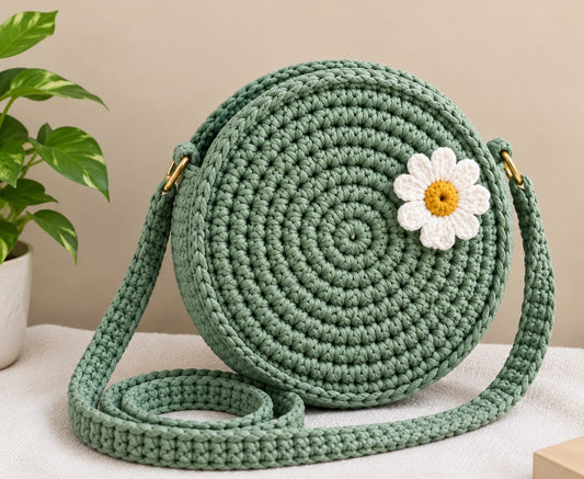 Daisy Dream - Sage Green Handmade Crochet Round Sling Bag