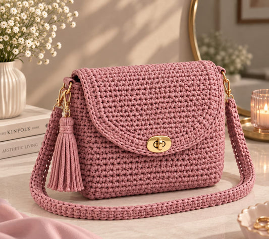 Blush Luxe - Handmade Crochet Shoulder Bag with Tassel & Gold Lock