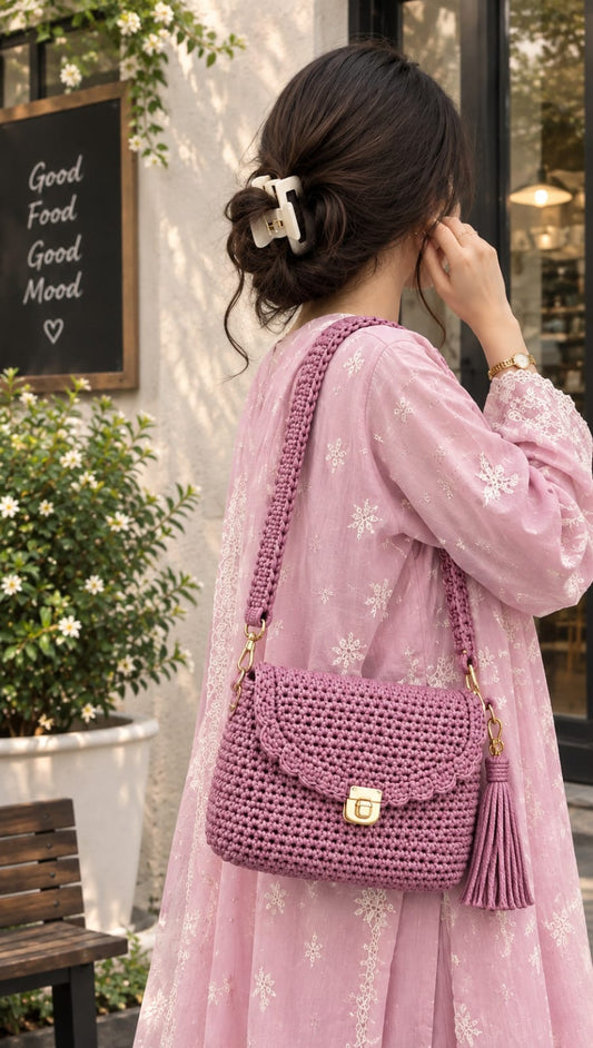 Blush Luxe - Handmade Crochet Shoulder Bag with Tassel & Gold Lock