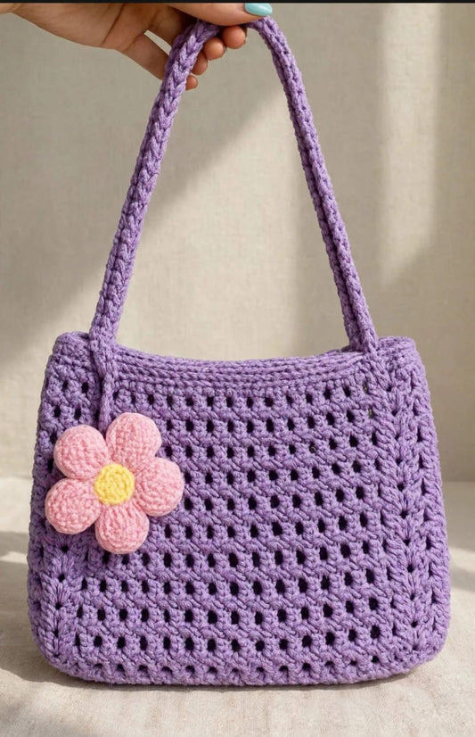 Her Carry - Lavender Blossom Handmade Crochet Bag With Pink Flower