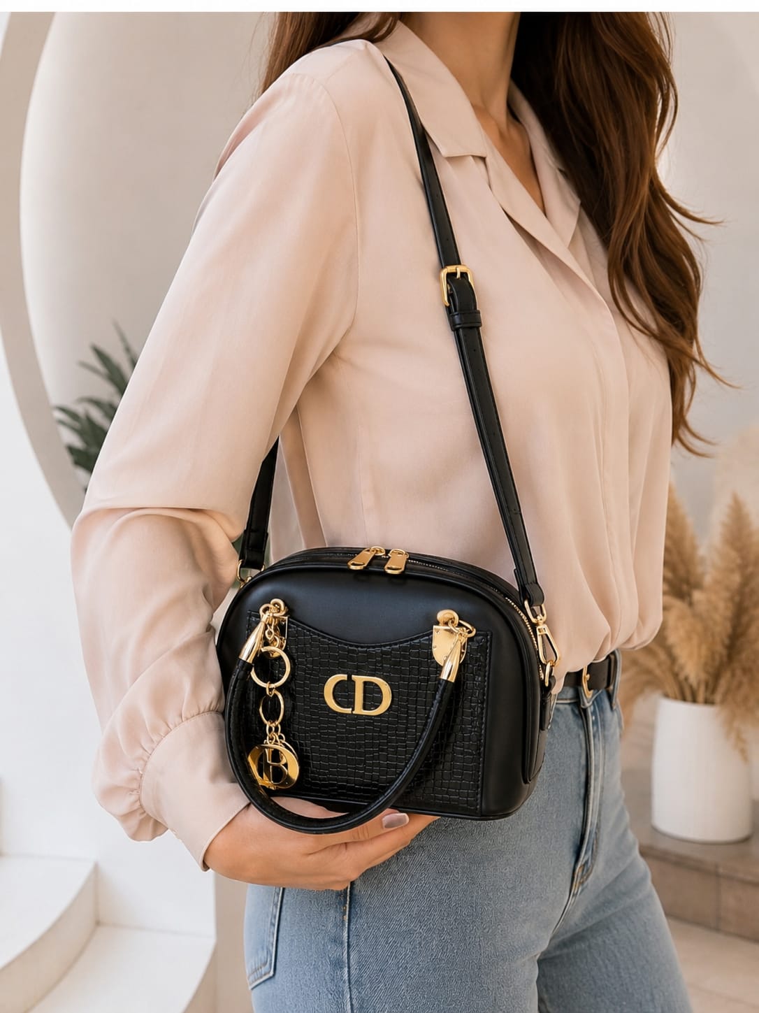 CD Charm Dome Shoulder Bag - Black & Cream