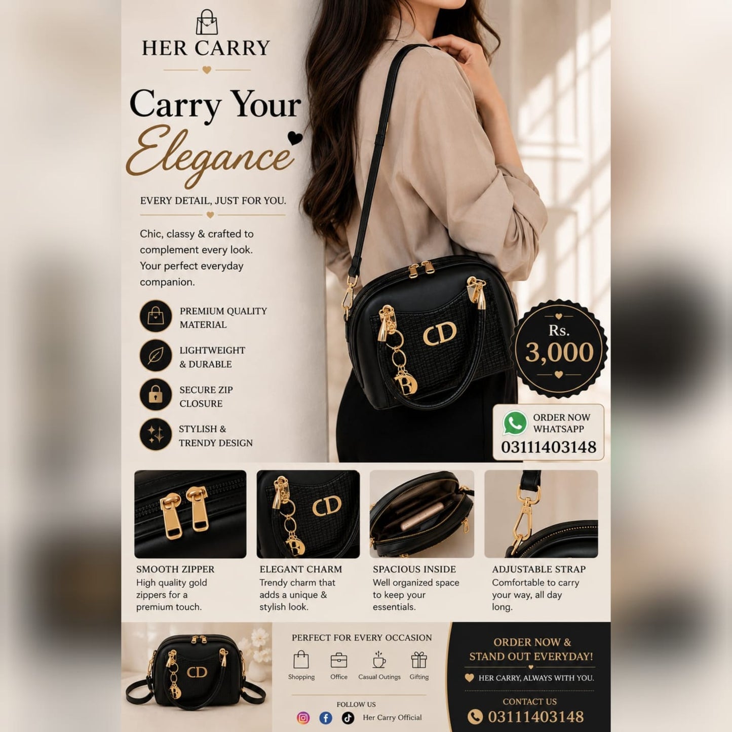 CD Charm Dome Shoulder Bag - Black & Cream