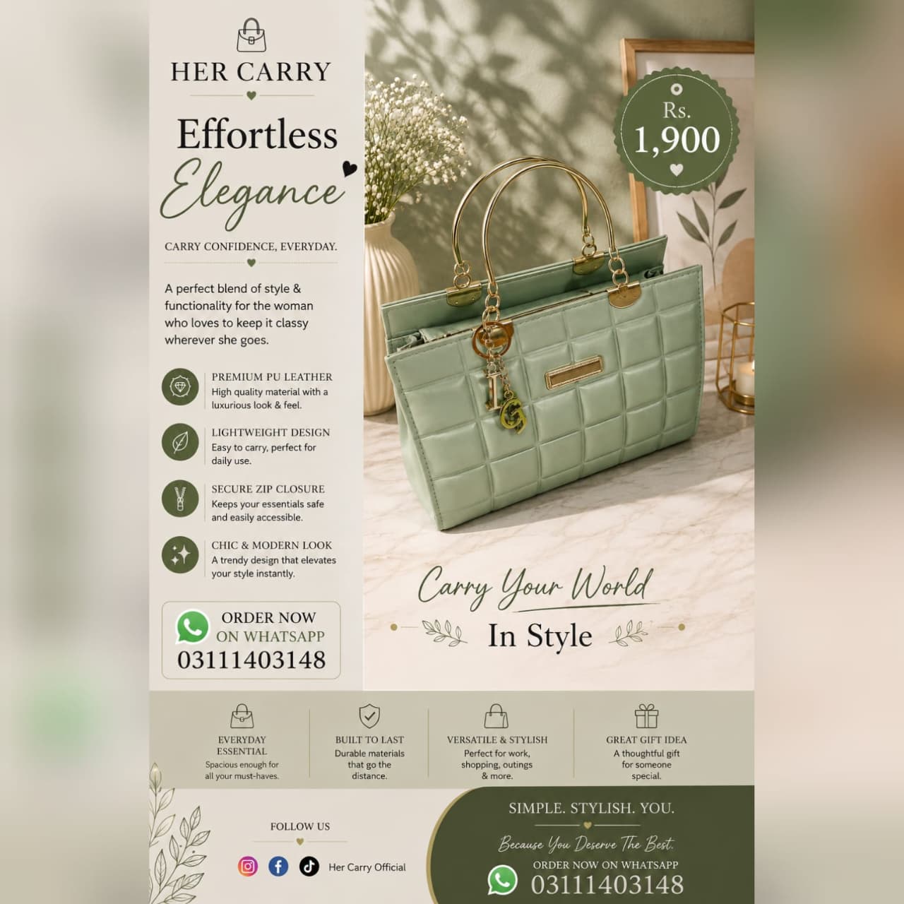Her Carry Quilted Metal Handle Handbag - Mint Green
