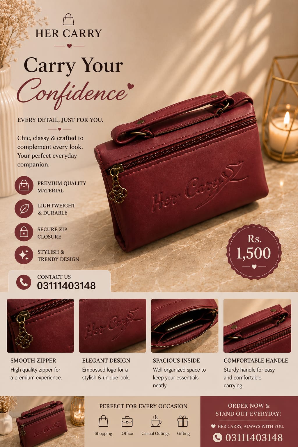 Her Carry Embossed Pouch Bag with Sling - 2 Colors