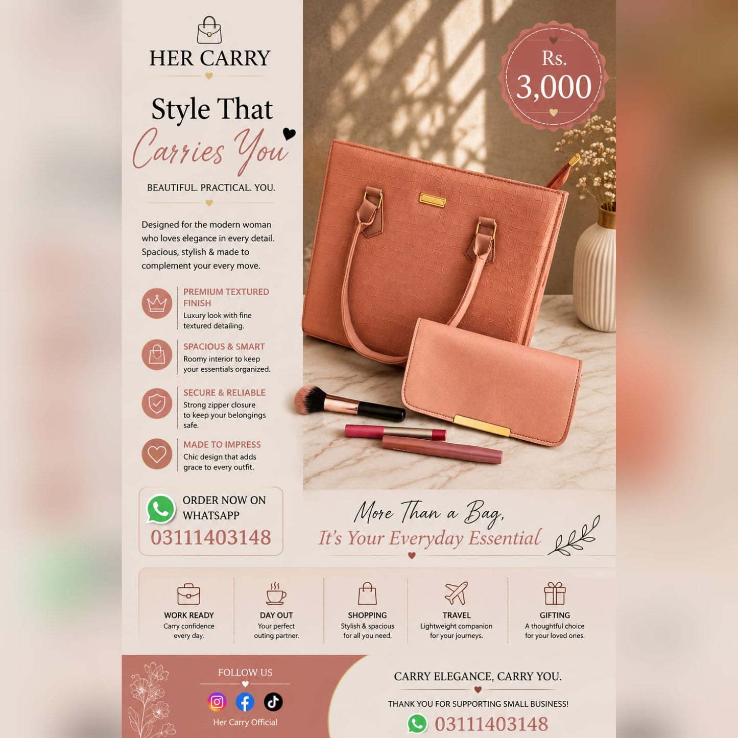 Her Carry Croc Tote Bag with Matching Wallet - Peach Pink