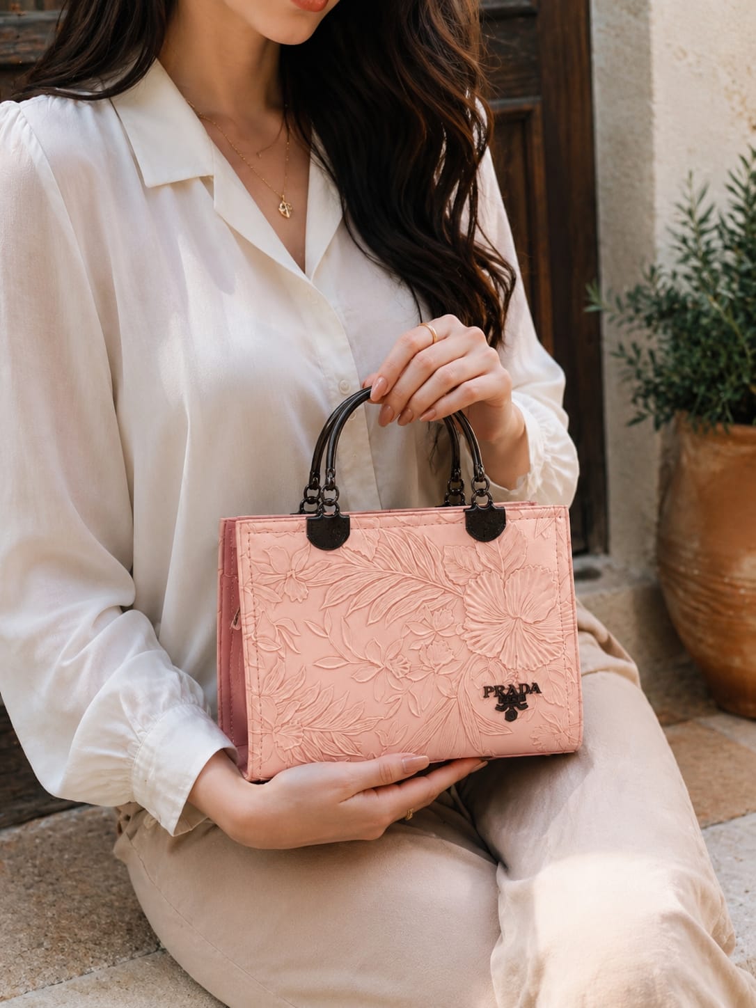 Her Carry Elegant Floral Embossed Tote Bag - Peach Pink